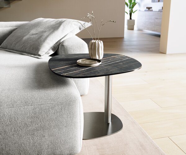 DELIFE Dohányzóasztal Edge hajóformájú 60x60 cm Laminam® kerámia Noir Desir barna Eleny szálcsiszolt rozsdamentes acél