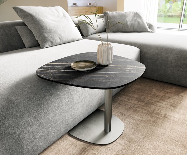DELIFE Dohányzóasztal Edge hajóformájú 60x60 cm Laminam® kerámia Noir Desir barna Eleny szálcsiszolt rozsdamentes acél