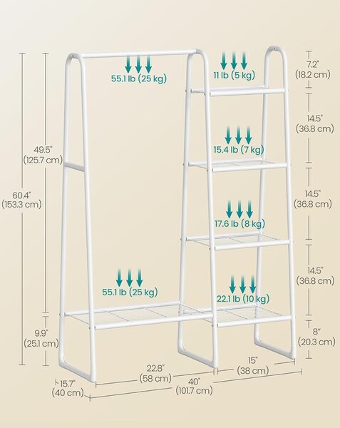 SONGMICS Ruhatartó állvány, ruharúddal és 5 tárolópolccal 40×101×153 cm, fehér