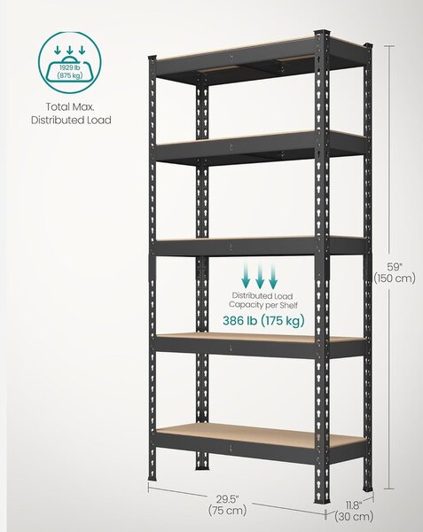 SONGMICS 5 szintes polcrendszer készlet 2 db-os, 30×75×150 cm, fekete