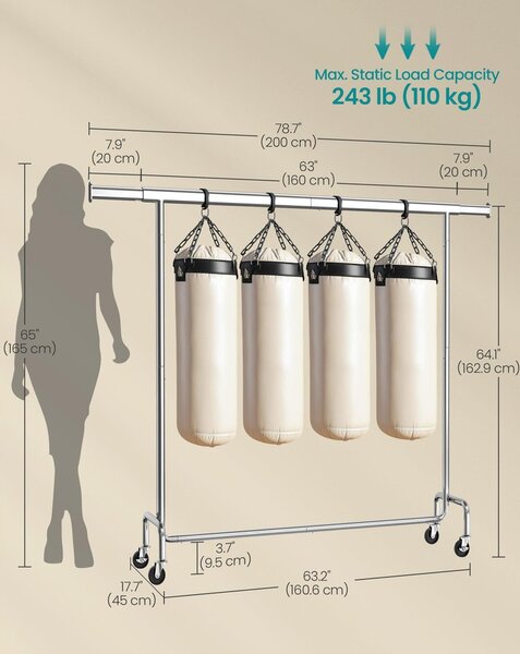 Ruhatartó állvány kerekekkel, 110 kg teherbírással, ezüst színben