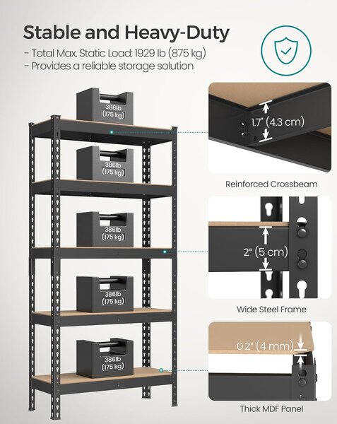 SONGMICS 5 szintes polcrendszer készlet 2 db-os, 30×75×150 cm, fekete