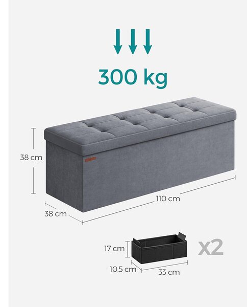 Összecsukható Puff Tárolópad 38 x 110 x 38 cm, 300 kg teherbírás, szürke