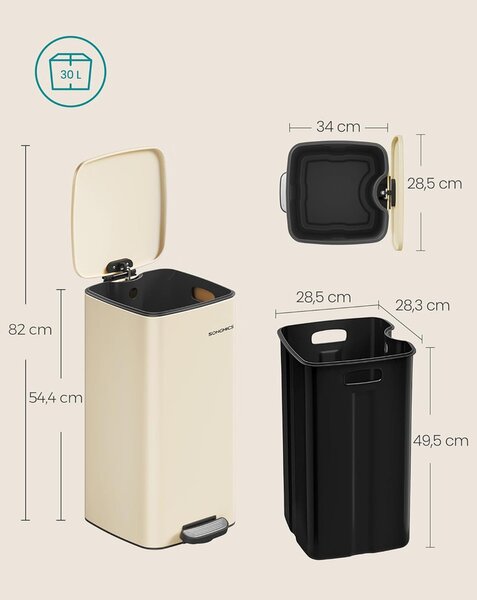Konyhai szemetes, 30 literes, pedálos kuka, acél, 28,5 x 28,3 x 49,5 cm, homokbézs