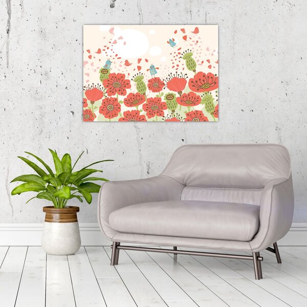 Kép - Madarak egy virágzó réten (70x50 cm)