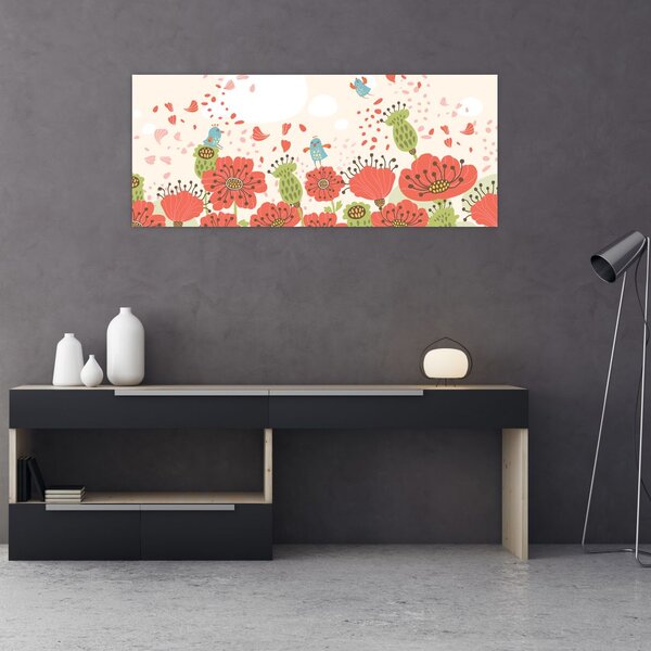 Kép - Madarak egy virágzó réten (120x50 cm)