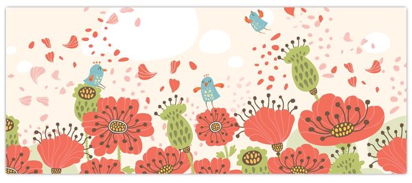 Kép - Madarak egy virágzó réten (120x50 cm)