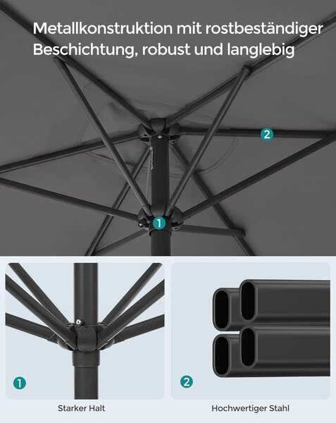 Napernyő 200 × 150 cm, téglalap alakú erkélyernyő, napvédelem UPF 50+, talp nélkül, szürke
