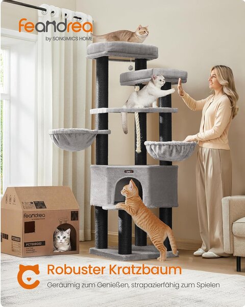 Nagy, Többszintes Macskabútor XXL 55 x 55 x 186,7 cm, szürke, fekete