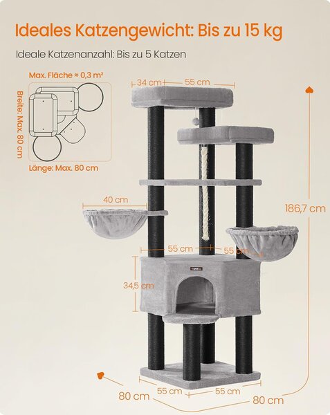 Nagy, Többszintes Macskabútor XXL 55 x 55 x 186,7 cm, szürke, fekete