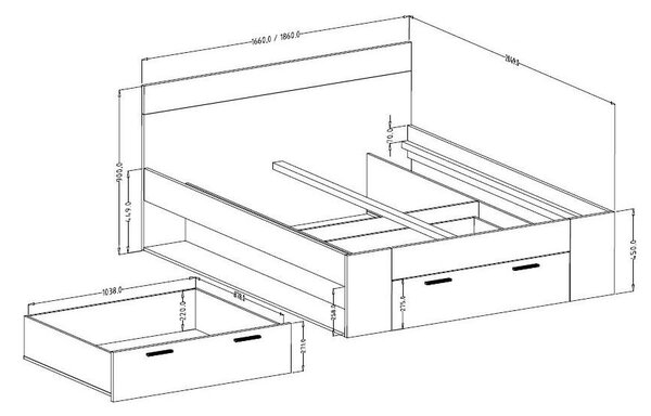Franciaágy 160 cm Benson MW91 (mauvella tölgy + fekete)