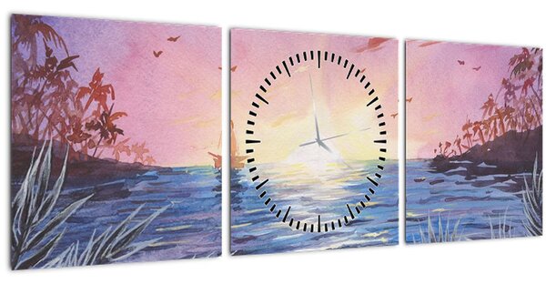 Kép - naplemente a víz felett, akvarell (órával) (90x30 cm)