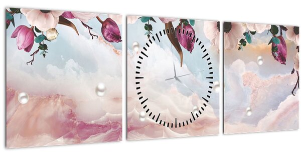 Rózsaszín virágokképe rózsaszín márvánnyal (órával) (90x30 cm)
