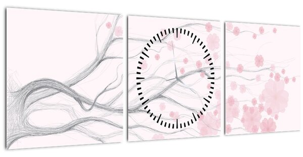 Kép - rózsaszín virágok (órával) (90x30 cm)