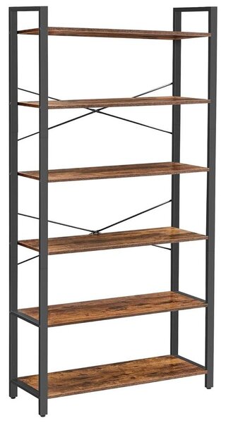 6 szintes könyvespolc, álló polc acélkerettel 30x80x186 cm, rusztikus barna