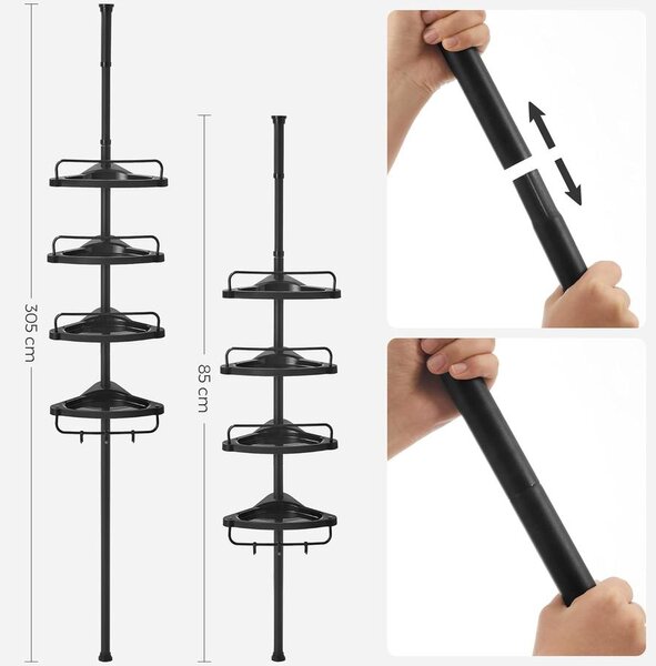 Zuhany sarokpolc, 4 szintes fürdőszobai zuhanypolc 85-305 cm, Fekete