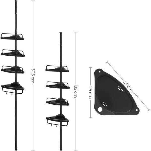 Zuhany sarokpolc, 4 szintes fürdőszobai zuhanypolc 85-305 cm, Fekete
