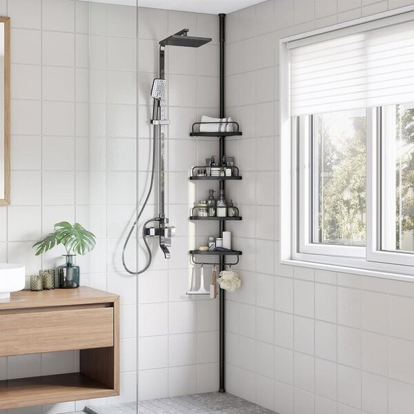 Zuhany sarokpolc, 4 szintes fürdőszobai zuhanypolc 85-305 cm, Fekete