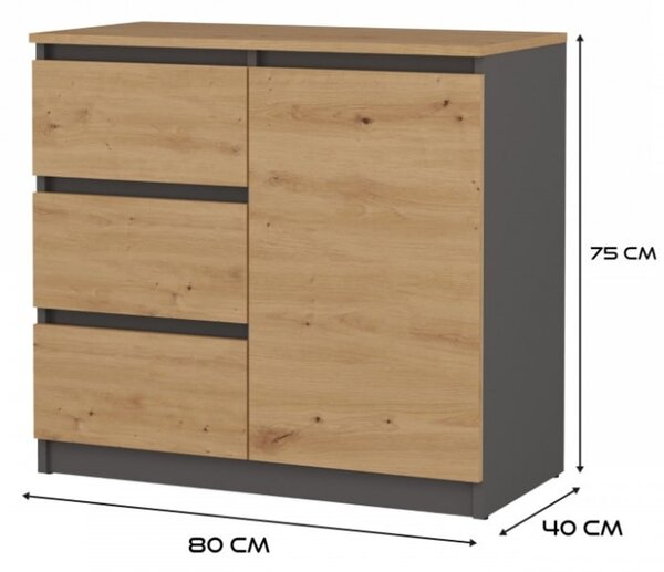 Komód 1D3S - antracit / kézműves tölgy