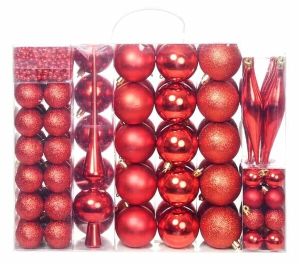 Karácsonyfagömb, karácsonyi dísz, 112 részes - piros