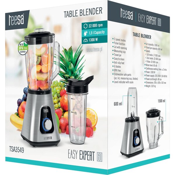 Easy Expert Go 1300w Cup Blender, 1.5l Glass Cup + 600ml Travel Mug