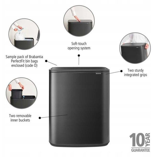 Brabantia Bo Touch Bin nyomófedeles hulladékgyűjtő XXL, padlón álló, műanyag tartály, 2x30L - O méret, acél, magabiztos szürke - 233609