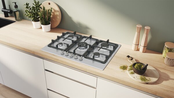Bosch PGQ7B5K90 Beépíthető Gáz Főzőlap 5 Égős Wok Égő 75cm Rozsdamentes Acél