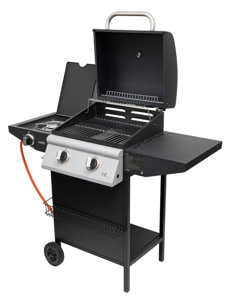 Home GRG02 gázgrill, 2 főégővel, 1 oldalégővel, 3,2 kW égőnkénti teljesítmény, 440x400 mm sütőfelület, nyomásszabályozó készlettel