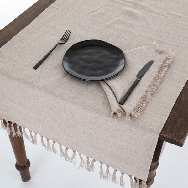 Tom Linen asztali futó rojtos szegéllyel – Warsa Oatmeal II, 65x140 cm