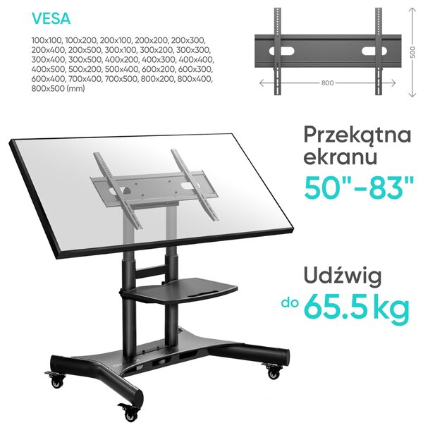 ONKRON Tilting Mobile TV Stand for 50'' – 83 Inch LCD LED OLED TV Screens & Touch Panels Rolling TV Cart on Wheels with Shelf, Black