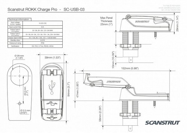 Scanstrut Dupla USB aljzat Scanstrut ROKK Charge Pro Terhelhetőség max.=6 A 10,8 - 32 V/DC