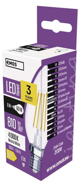 EMOS LED Filament Izzó Gyertya 6W E14 810lm természetes fehér
