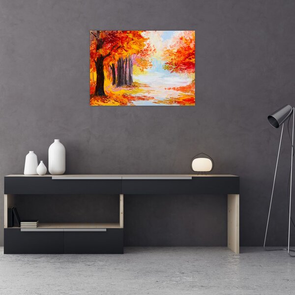 Kép - olajfestmény, színes ősz (üvegen) (70x50 cm)