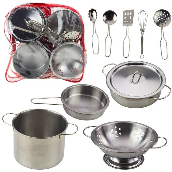 Lean Toys Konyhai Edénykészlet Hátizsákban Fém Edények és Kanalak, 12 Darab