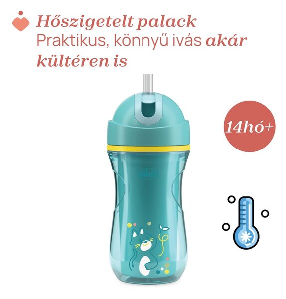 Chicco Sport Cup hőtartós duplafalú, csöpögésmentes szilikon szívószálas kulacs, cseppmentes ráppatintós záródással.14m+266 ml kékeszöld