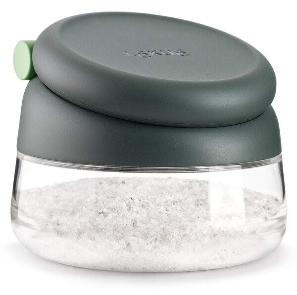 Lékué Salt Cellar sótartó extra nagy nyílással, mérőkanállal, légmentesen záródó, felhajtható műanyag fedéllel, boroszilikát üveg tartály, szürke fedél - 883323