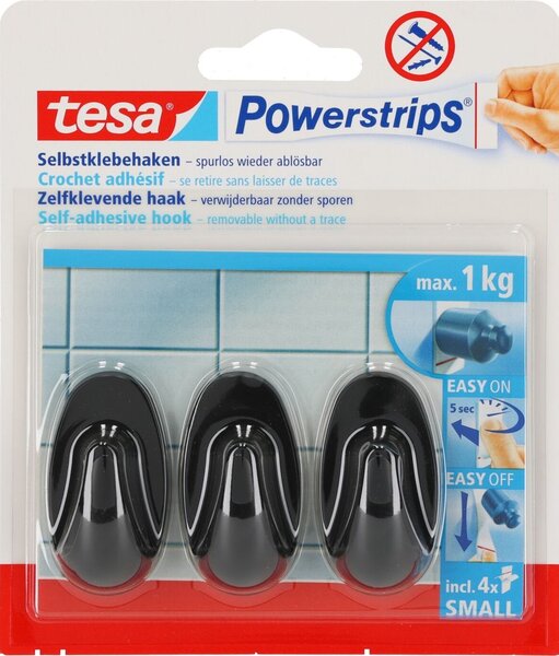 Tesa Black Hooks S Powerstrips öntapadó kampó Kis ovális Fekete