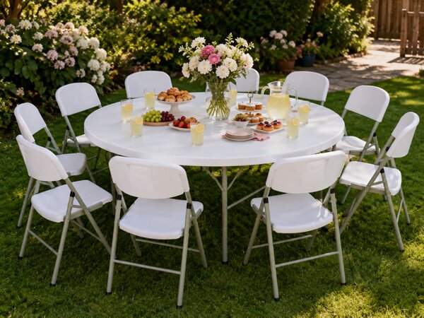 Catering kerek összecsukható asztal - átmérő 183cm + TARTÓS SZÉKEK 10 db