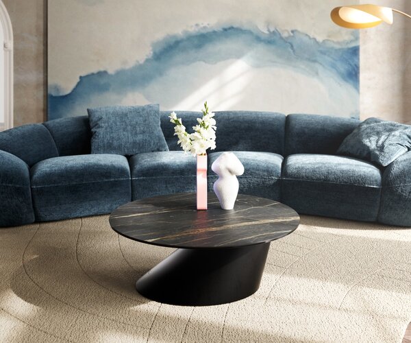 DELIFE Dohányzóasztal Edge kerek 90x90 cm Laminam® kerámia Noir Desir barna Conis fém fekete