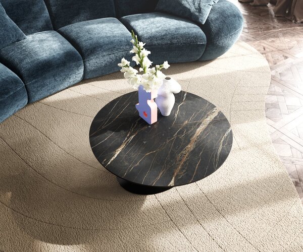 DELIFE Dohányzóasztal Edge kerek 90x90 cm Laminam® kerámia Noir Desir barna Conis fém fekete
