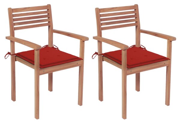 VidaXL 2 db tömör tíkfa kerti szék piros párnákkal