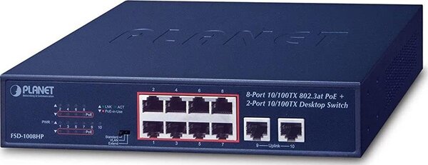 PLANET FSD-1008HP hálózati kapcsoló Beállítást nem igénylő (unmanaged) Fast Ethernet (10/100) Ethernet-áramellátás (PoE) támogatása 1U Kék