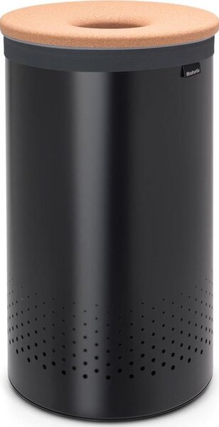 Brabantia Laundry Bin szennyestartó szellőző nyílásokkal, tépőzáras, mosható szennyesgyűjtő zsák, henger forma, nagy méret 60L, parafa fedő, acél, matt fekete - 120022