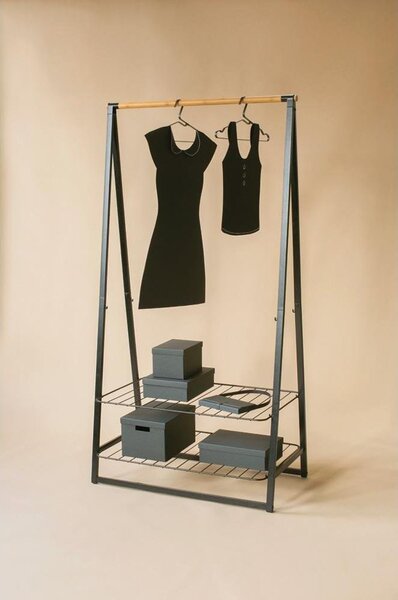 BRABANTIA Linn Clothes Rack Large ruhatartó állvány. 995x1900x570mm nagy méret. 2db állítható magasságú rácsos polc. bambusz rúd. acél váz. fekete - 118241