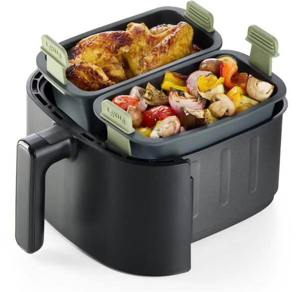 Lékué Air fryer Rectangular Basket sütőkosár 5L+ Air Fryer forrólevegős sütőbe, keskeny / téglalap alakú, 200x85x110mm, mosogatógépben mosható, szilikon, szürke test, zöld fogantyú - 890260