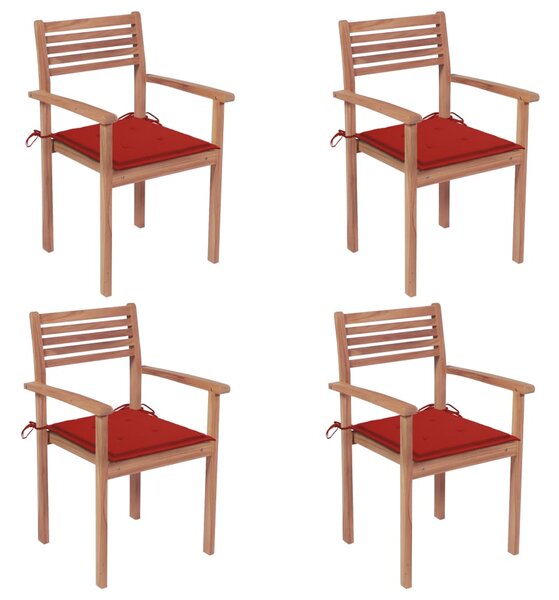 VidaXL 4 db tömör tíkfa kerti szék piros párnákkal
