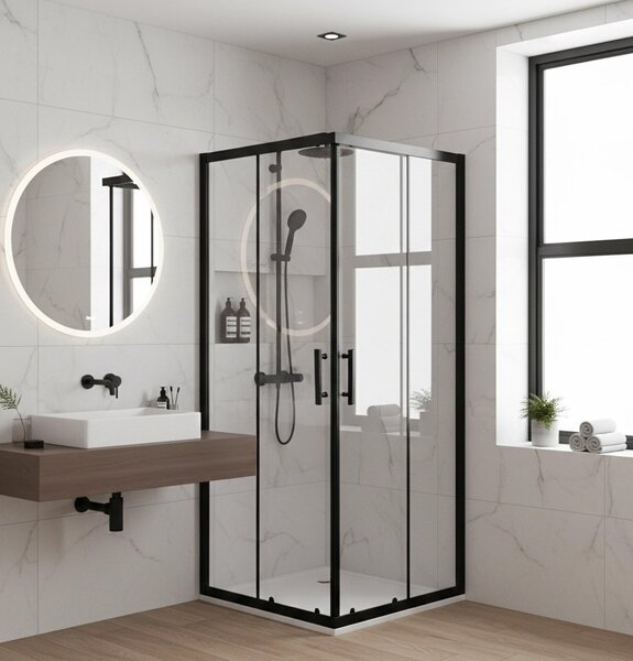 Viva AQUA Max Zuhanykabin SZÖGLETES FEKETE Profil - 6 mm víztiszta üveg - 80 x 80 x 190 cm