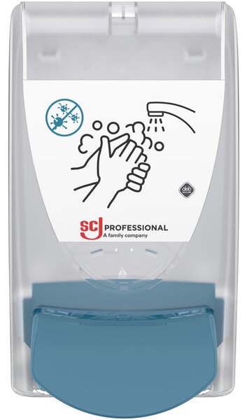 SCJP Proline Cleanse Antimicrobial fertőtlenítő habszappan adagoló nyomógombos OxyBAC és OxyBAC EXTRA antimikrobiális kézmosó patronokhoz, manuális, 1L, ABS műanyag, színtelen/türkizkék