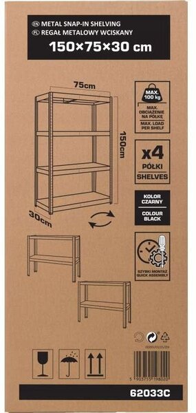 Profix REGAŁ MET. WCIS., 4 PÓŁ., 1500×750×300MM, 100 KG, CZARNY