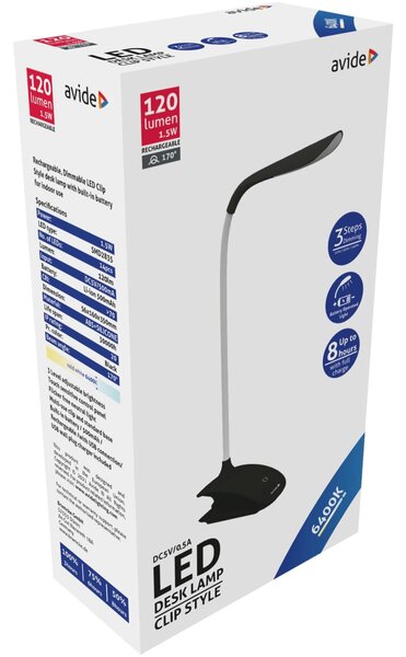Avide csiptethető LED asztali lámpa fekete (ABLDL-CLIP-1.5W-BL)